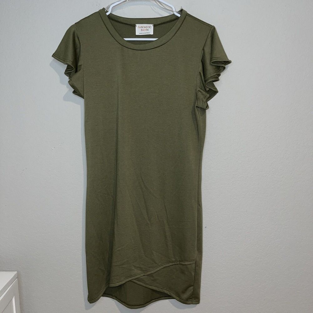 Fantastic Fawn Dress Size Medium olive green mini flutter sleeves modest